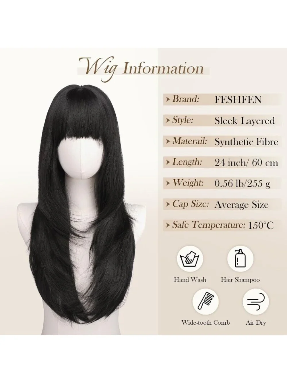 Women's Natural Black 24 Inch Natural Synthetic Long Straight Sleek Layered Wigs